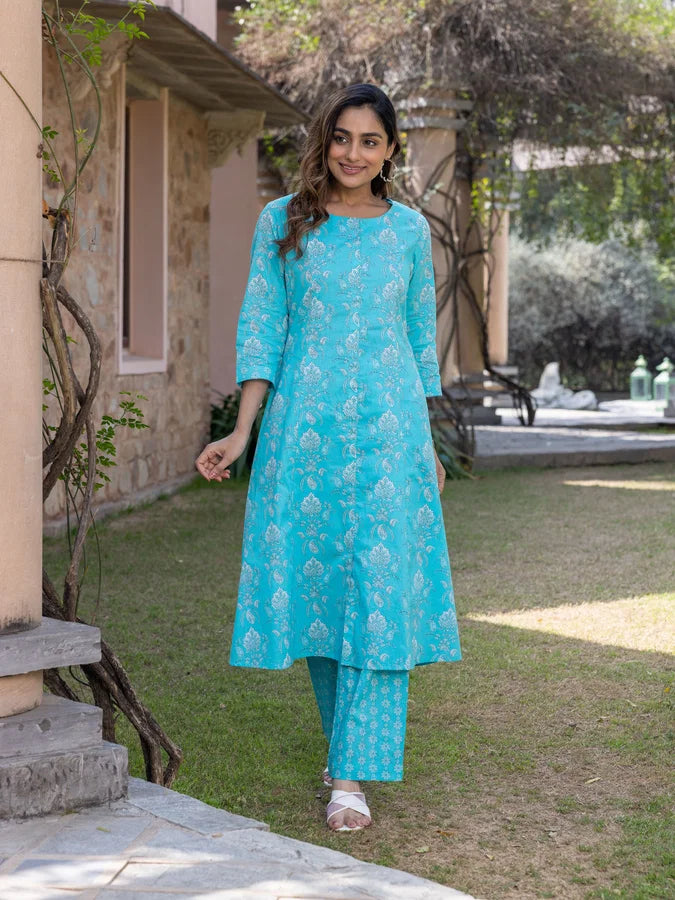 Soft Cotton Floral Flared Blue Kurta & Trousers