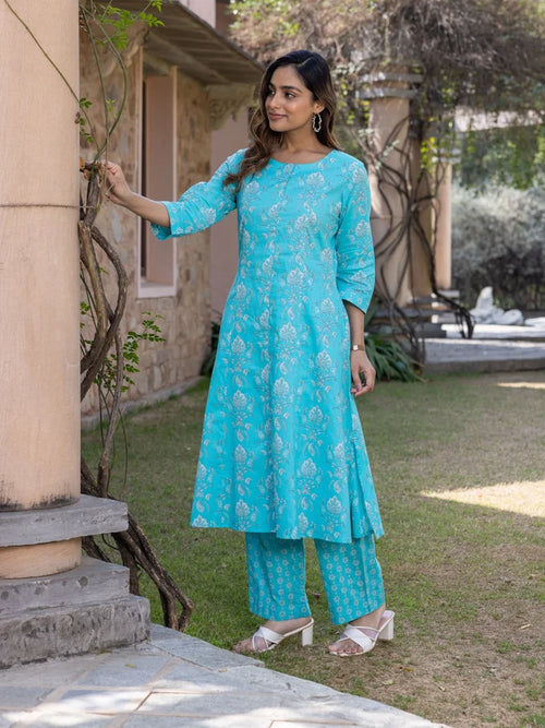 Soft Cotton Floral Flared Blue Kurta & Trousers