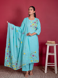 Slub Cotton Floral Straight Sky Blue Kurta, Trousers & Dupatta