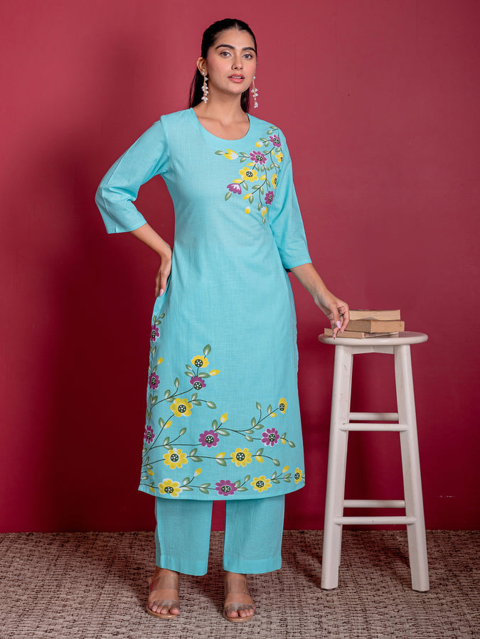 Slub Cotton Floral Straight Sky Blue Kurta, Trousers & Dupatta