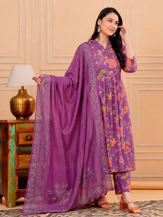Linen Cotton Floral A-line Purple Kurta, Straight Trousers & Dupatta