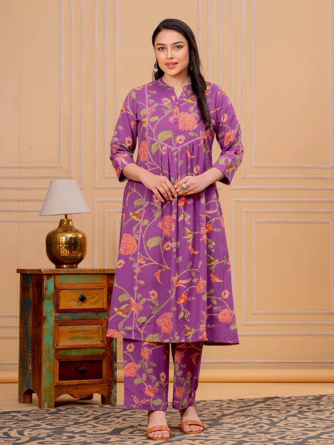 Linen Cotton Floral A-line Purple Kurta, Straight Trousers & Dupatta