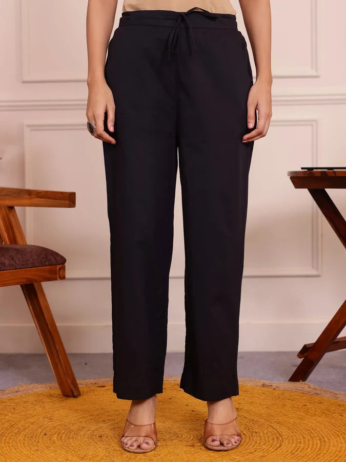 Soft Cotton Solid Black Tapered Trousers