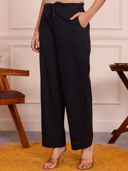 Soft Cotton Solid Black Tapered Trousers
